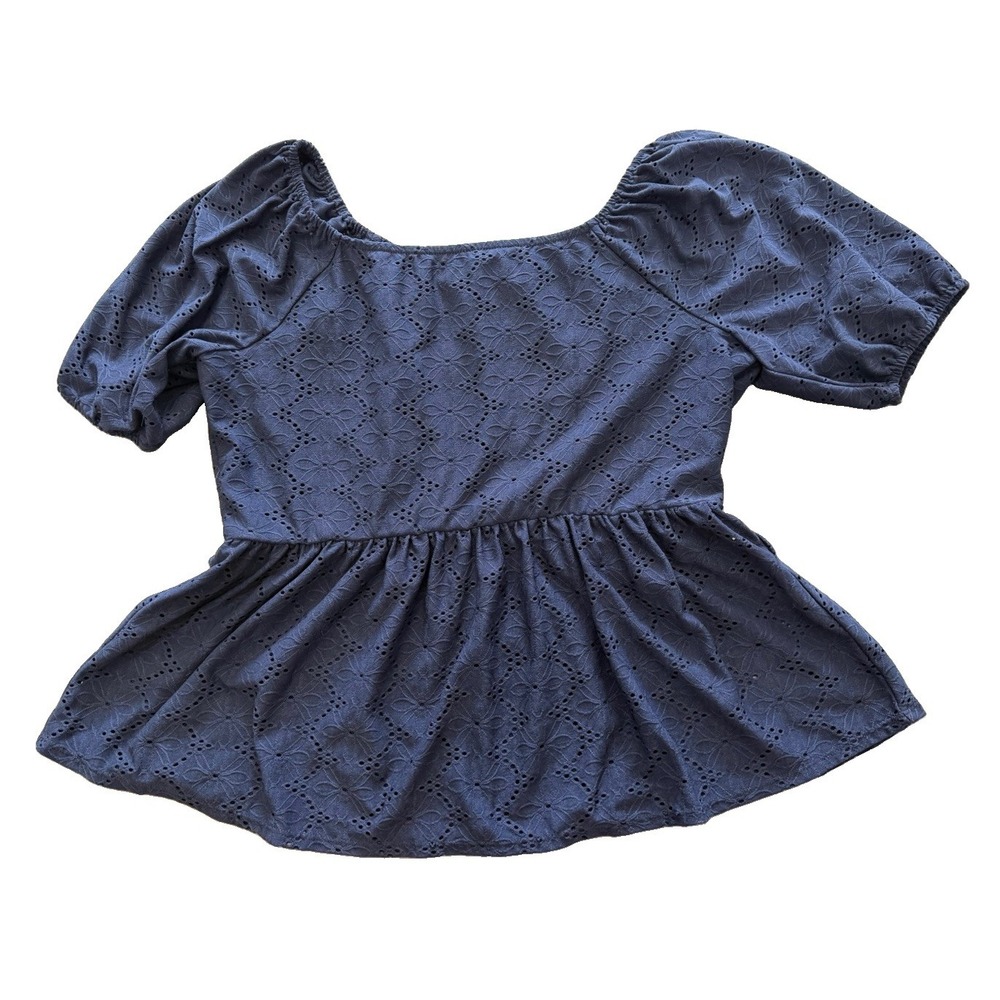 Lane Bryant 14/16 Navy Eyelet Peplum Top Puff Sleeve Plus Size Cottagecore